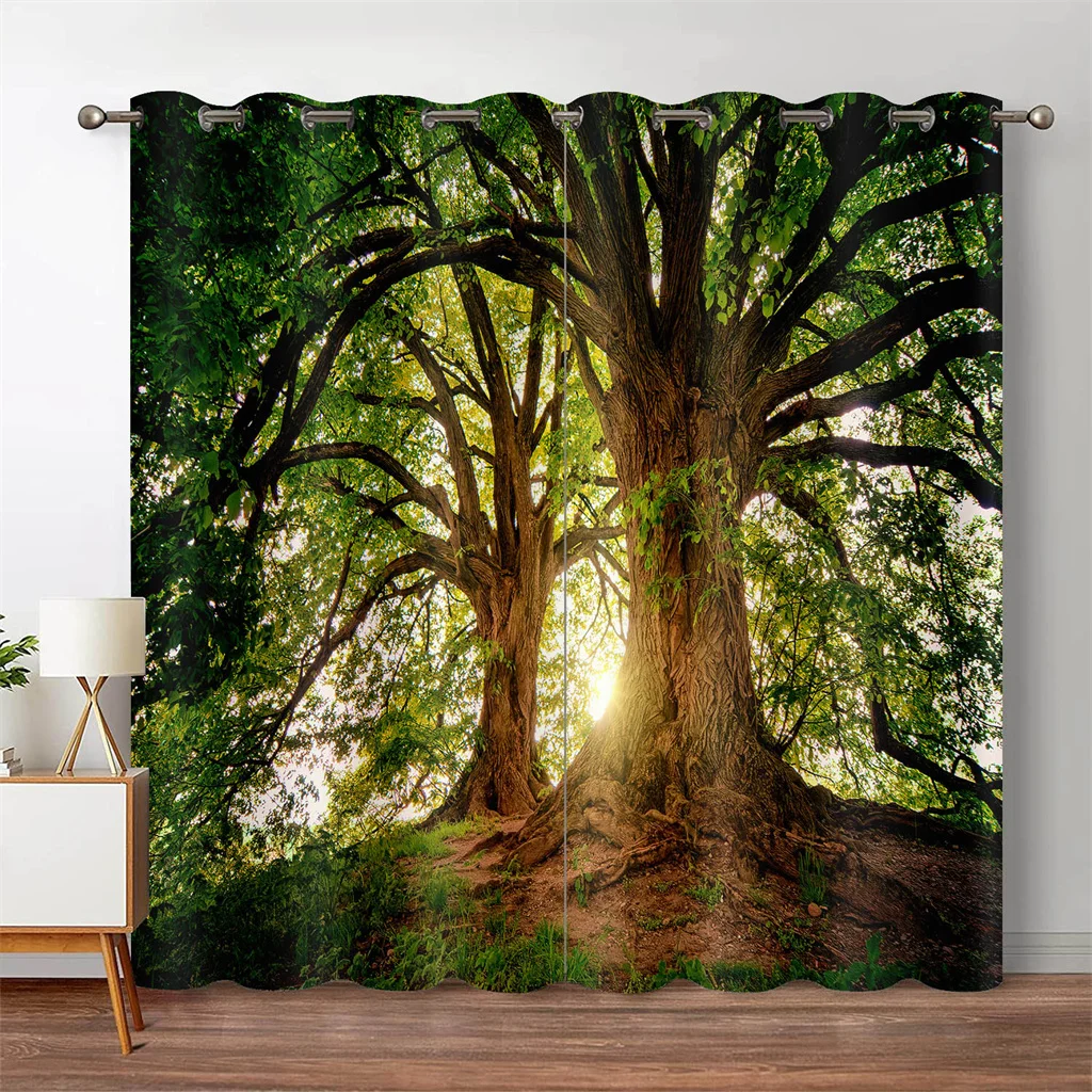 3D Forest Blackout Curtain Jungle Tree Nature Scenery Window Curtain Living Room Bedroom Waterfall Left and Right Biparting Open