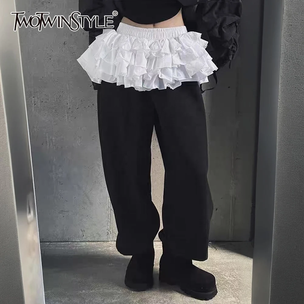 

TWOTWINSTYLE Solid Loose Spliced Skirt Pants for Women High Waist Patchwork Elastic Waist Minimalist Wide Leg Pant Female New