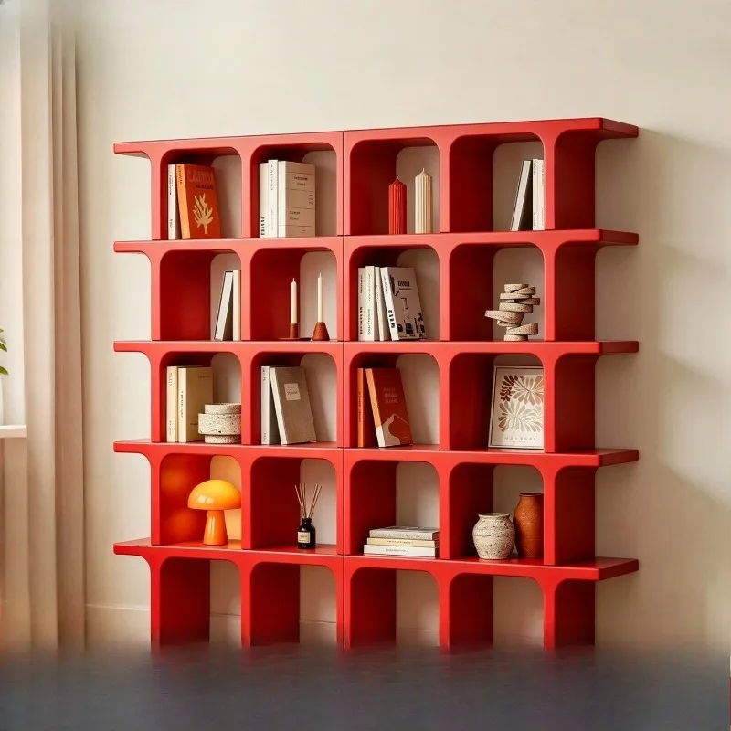 

Modern simple red paint bookshelf arched multi-layer storage shelf floor