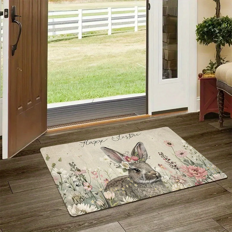 Cute Rabbit and Floral Design Doormat for Entryway, Kitchen, or Bathroom Decor Accent Mat
