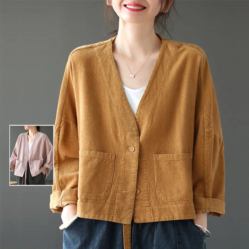 

Ранняя осень, винтажный цвет, вельветовая ткань, женская мода большого размера с V-образным вырезом и двойным кетом Long Sve Open Cardi...