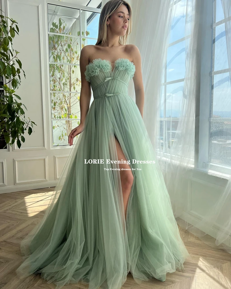 LORIE Mint Green Tulle A-line Prom Dresses Sexy Leg Slit Long Evening Gowns With Belt Sashes Pleat Formal Party Occasion Dresses