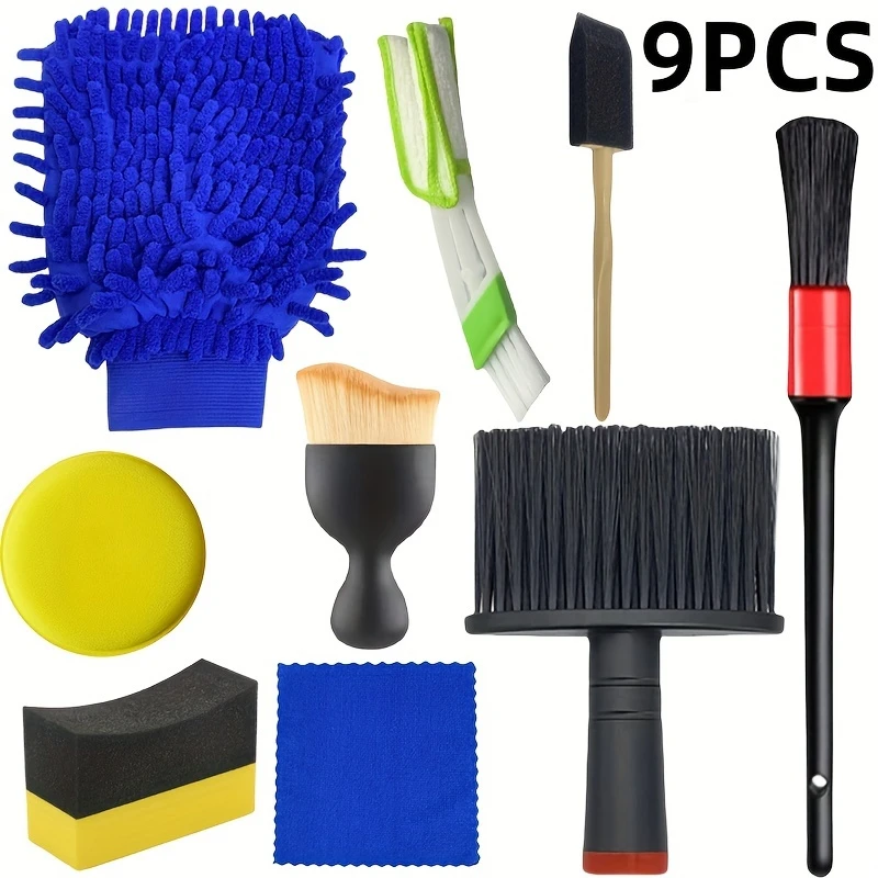 9PCS car maintenance tool set including car wash gloves, cleaning brushes, dust removal brushes, tire sponges, and drying