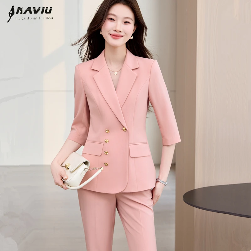

NAVIU Office Ladies Formal Pant Suits 2 Piece Set Women Pink Beige Black Female Business Work Wear Blazer Jacket and Trouser