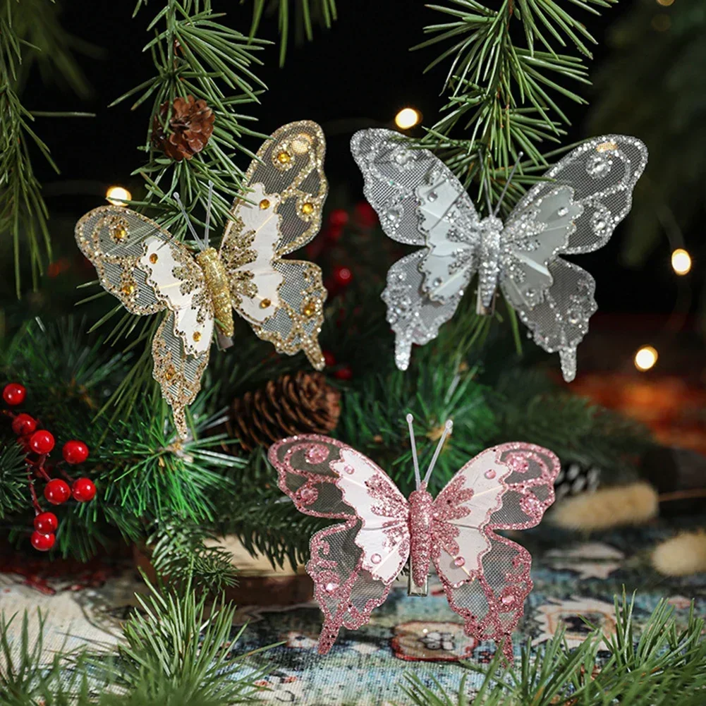 3PCS Christmas Tree Ornaments 11.5*10CM Glitter Simulation Plastic Butterfly 2024 New Year Home Decor Navidad