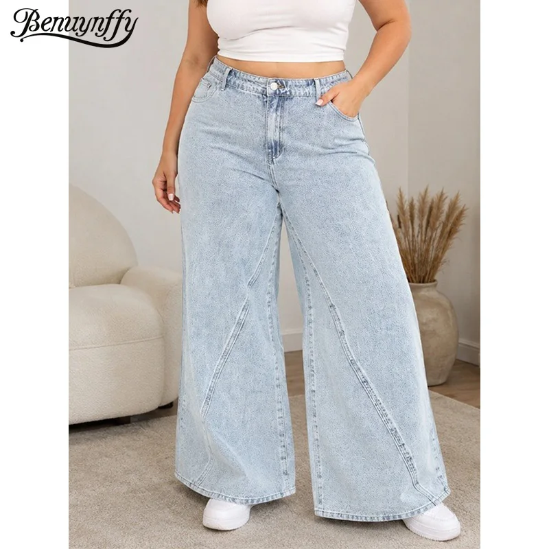 

Benuynffy Plus Size Streetwear High Waist Wide Leg Jeans Women's Fashion Vintage All Match Loose Straight Leg Washed Denim Pants