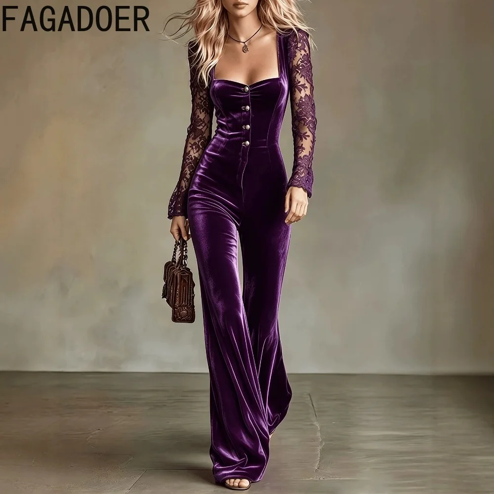 FAGADOER Luxury Velvet Jumpsuit for Women Studded Collar Zip Front Long Sleeve Ruched Waist Wide Leg Elegant Night Out Party We