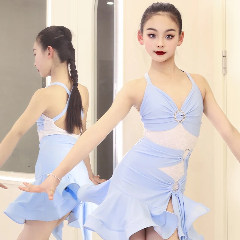 

2025 New Performance Costumes Latin Dance Dress Sleeveless Backless Lace Tops Skirts Split Suit Chacha Practice Clothes DQL10664