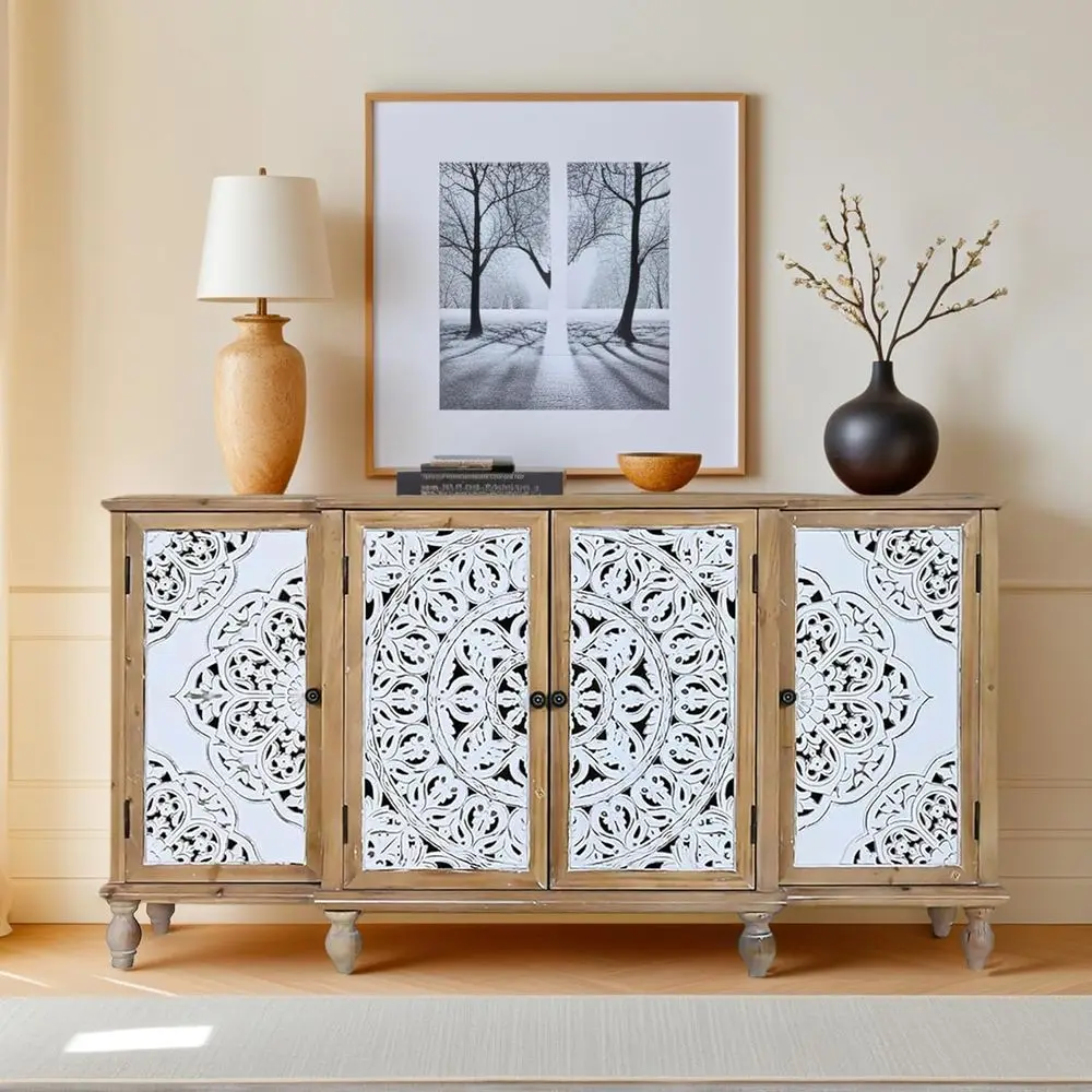 

Антикварный белый 4-дверный комод из массива дерева в стиле шебби-шик с винтажными декоративными элементами для столовой