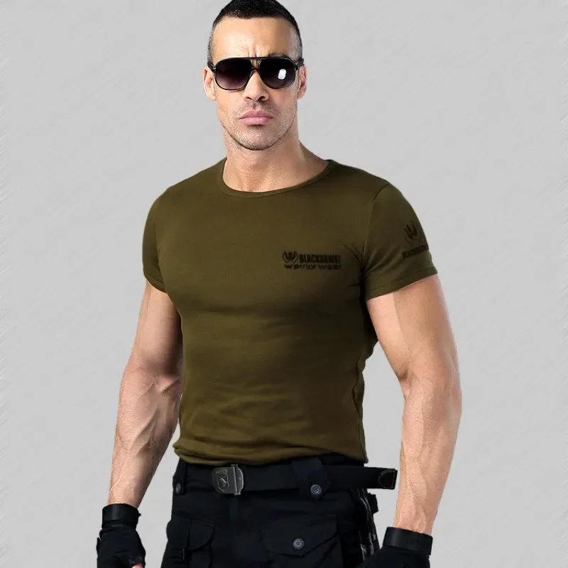 Round Neck Short Sleeve Hjumping Camping Uniform Tight Elastic Men's Military Fan Cotton Fitness Half Sleeve T-shirt