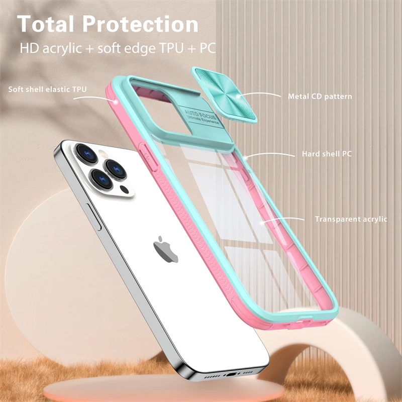 Slide Camera Lens Protection Case For iPhone 15 14 11 12 13 Pro XS Max XR 7 8 Plus SE Soft Bumper Shockproof Clear Hard PC Cover