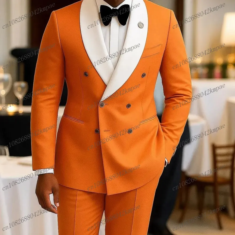 

New White Collar Orange Men Suit Formal Occasion Groom Groomsman Wedding Party Prom Male Business Tuxedos 2 Piece Blazer Pants