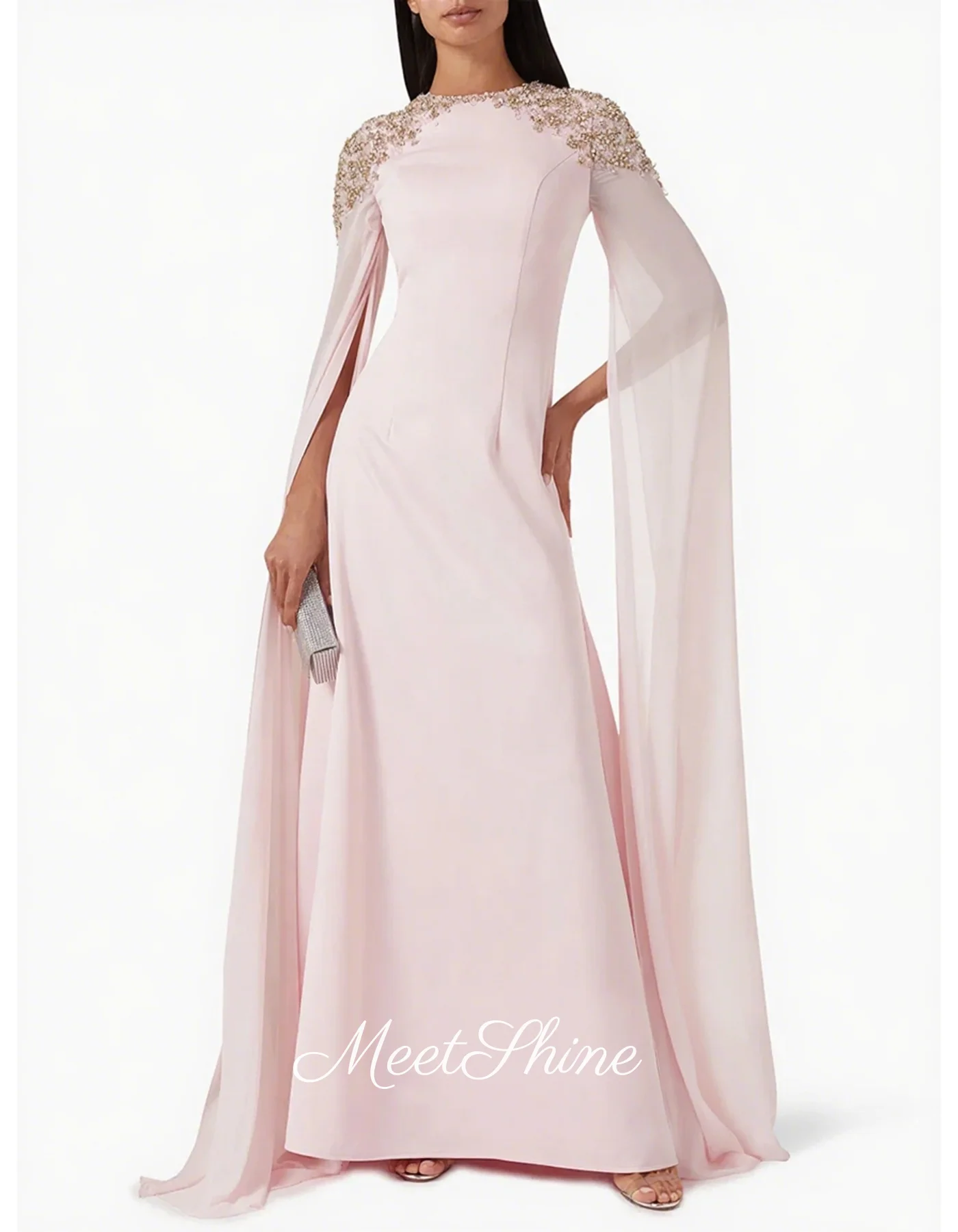 فستان سهرة حورية البحر أنيق بأكمام طويلة ورقبة دائرية أنيق وردي شاحب حديث للنساء فستان رسمي بسيط لحفلات الزفاف والحفلات الراقصة حسب الطلب