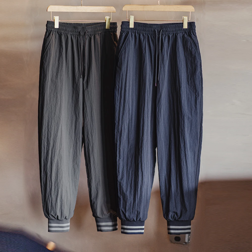 Maden Casual Striped Jogger Pants with Elastic Waistband Drawstring Design Solid Color Thin Trousers for Men\'s Autumn