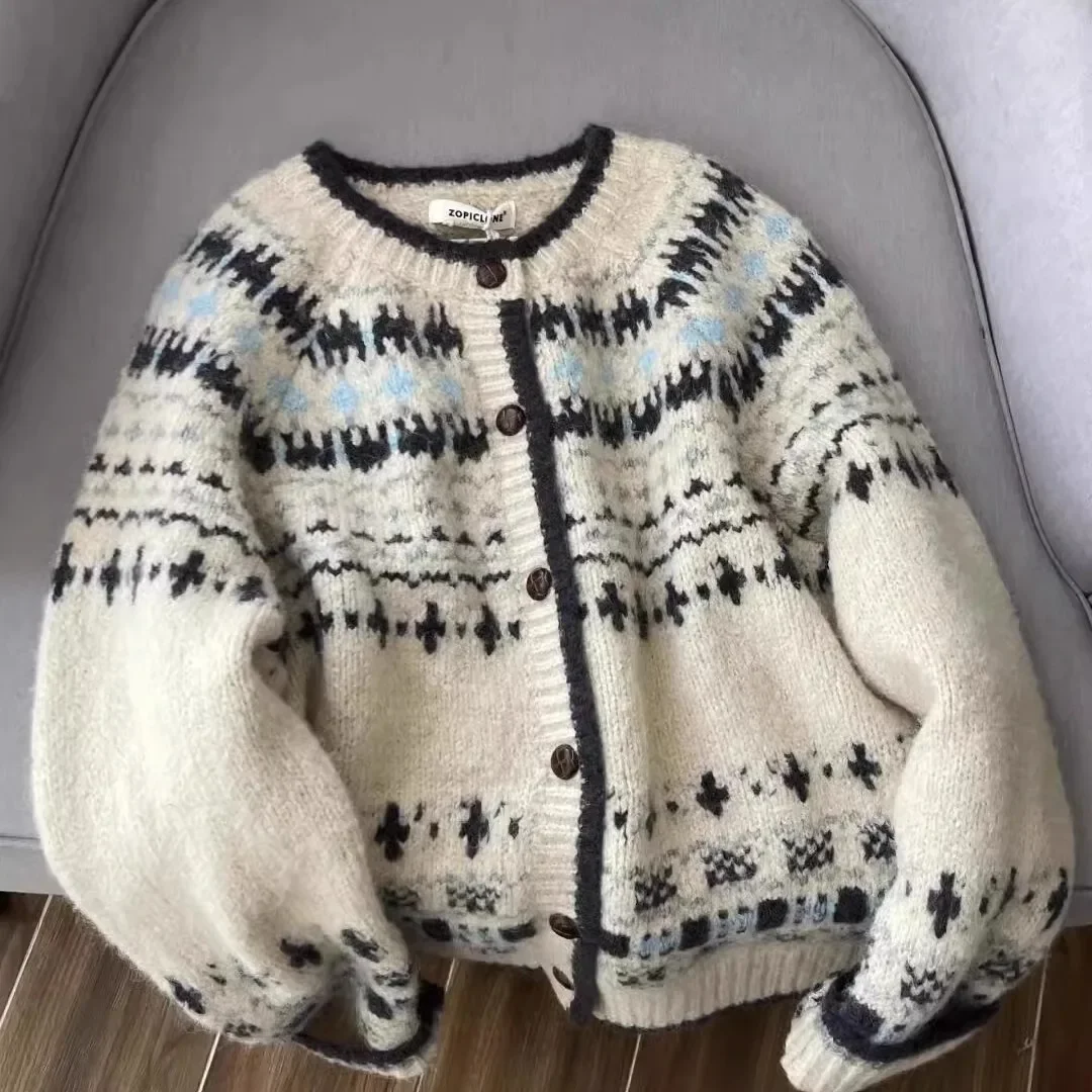 

Women Knitted Cardigan Loose Round Neck Sweater Autumn Winter Outerwear Cardigan Sweater Coat Single-breasted Sweater Jacket