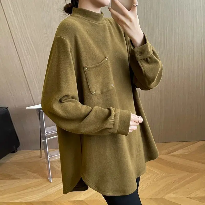 Herbst Winter neue Mode hoher Kragen Langarm solide mittellange Stile Bottom ing Shirt koreanische Tasche All-Match lose Tops