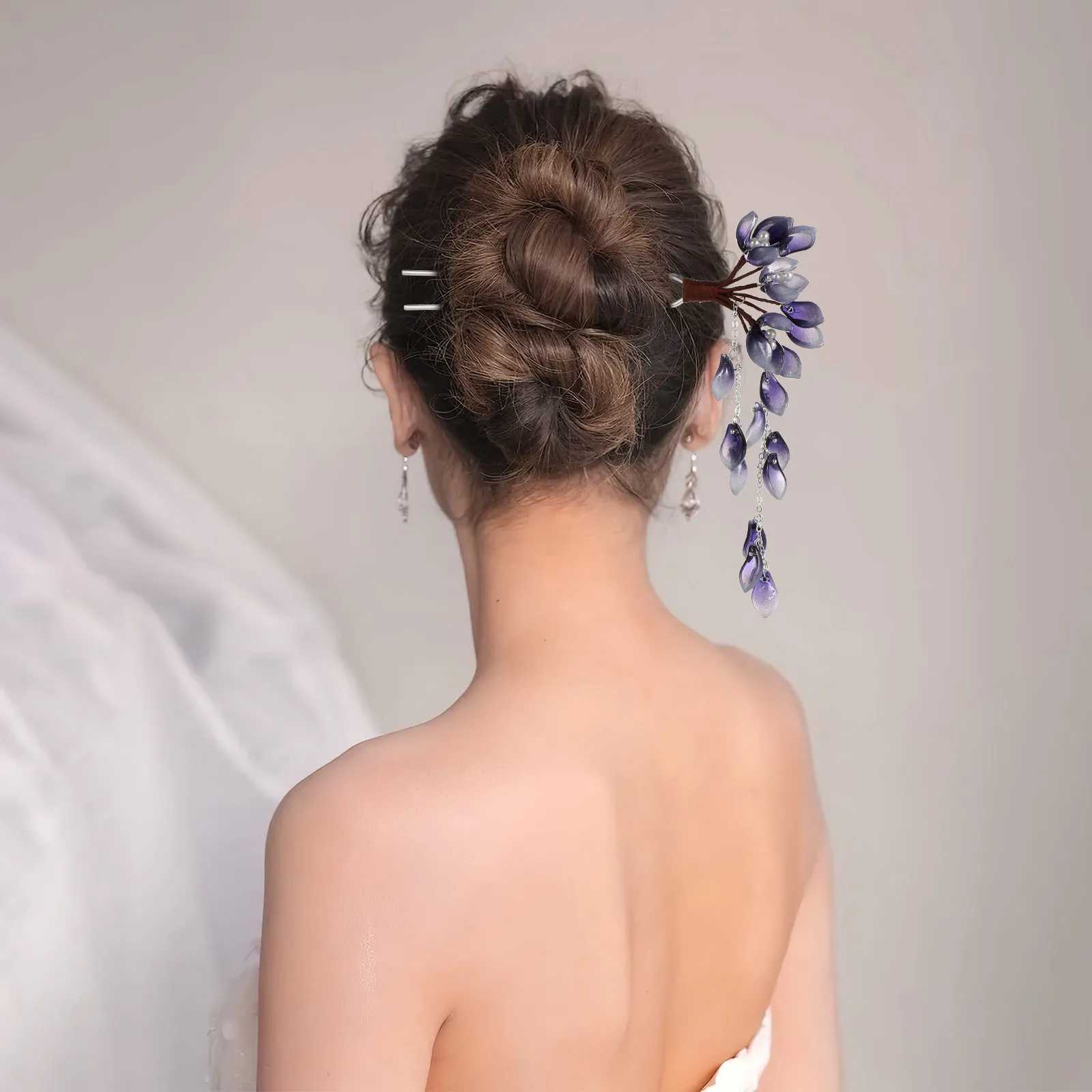 Chinese Style Glazed Flower Tassel Hair Stick Dangle Hairpin for Women Elegant Updo Hair Accessory Compatible with Cheongsam