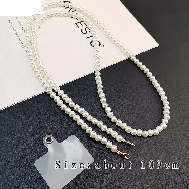 Portable Mobile Phone Lanyard Crossbody Necklace Chain Pearl Strap Keychain Anti-lost Sling with Detachable Patch for Phone Case