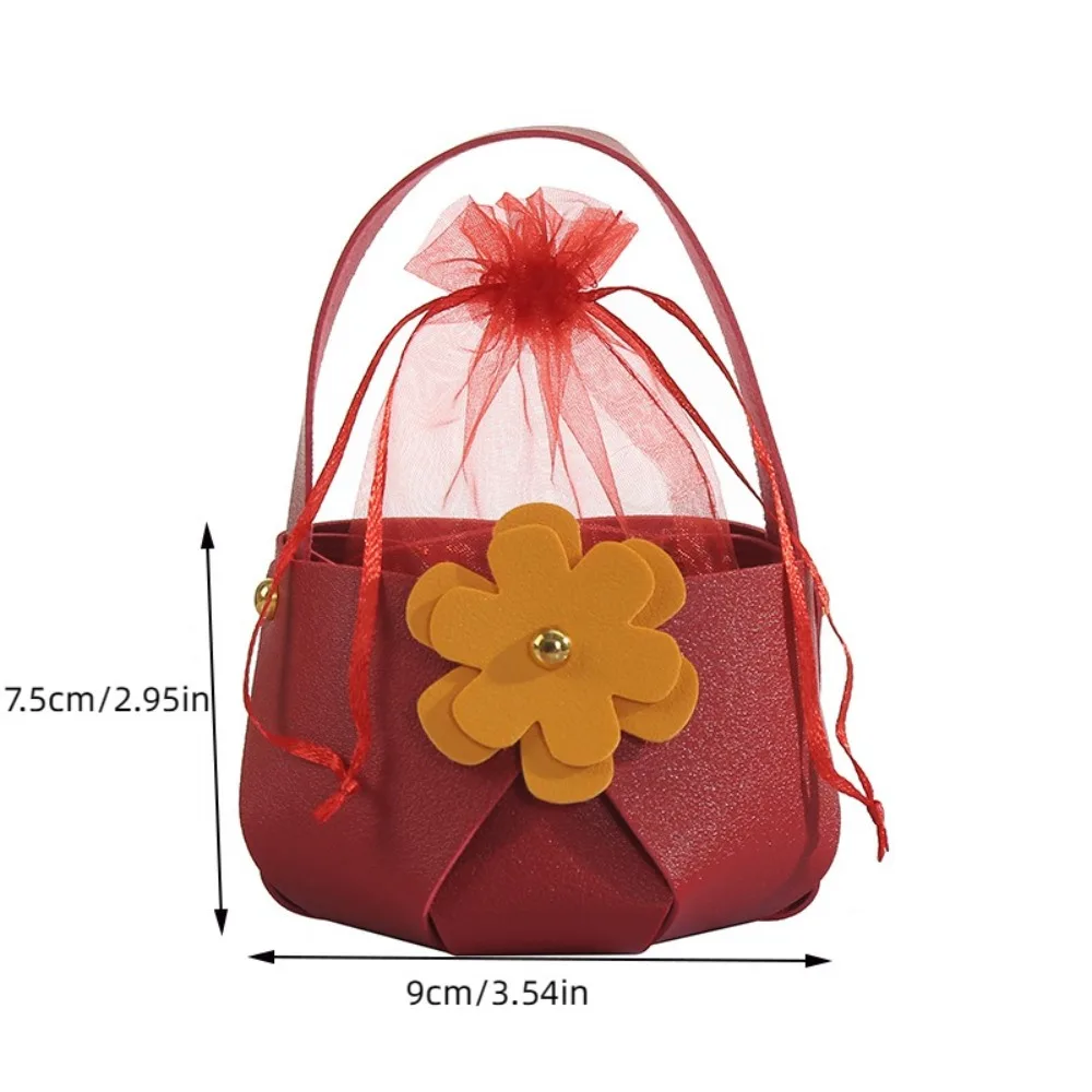 Empty Box PU Candy Leather Gift Bag Metal Petal Wedding Flower Skin Basket Sewn Yarn Bucket Handbag Festival