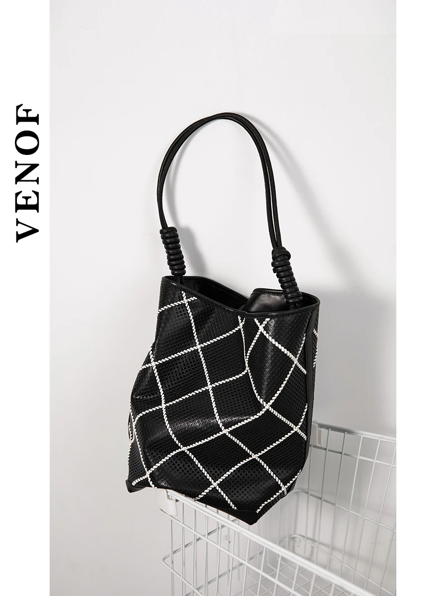 VENOF Cowhide Single Shoulder Bucket Bag 100% Soft Cowhide Large Capacity Women\'s Shopping Bag Female Tote Bag Ladies Bag Brand