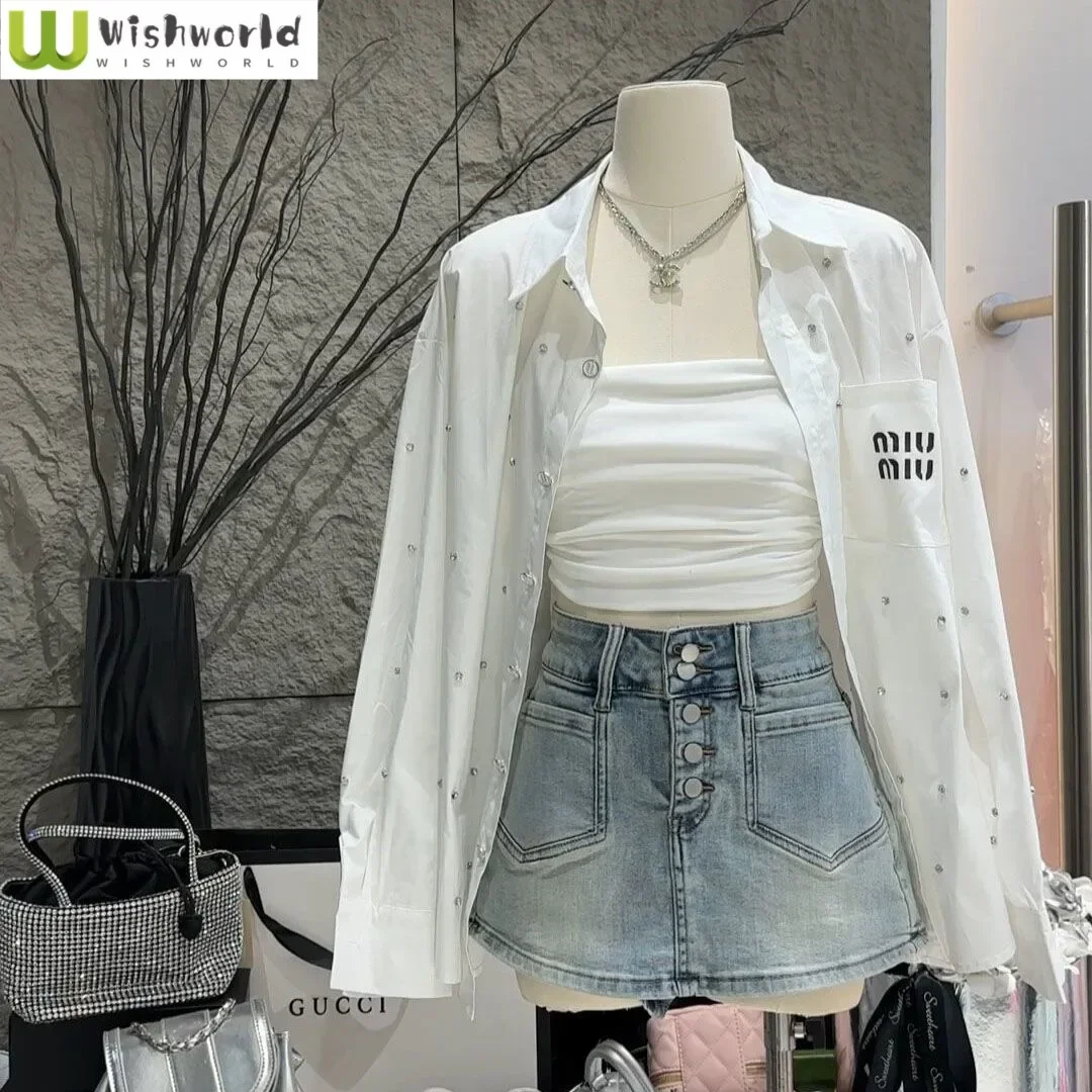 

Spring and Summer New White Shirt Sexy Vest Denim Short Skirt Three Piece Set Elegant Women's Skirt Set Sun Protection Clothing