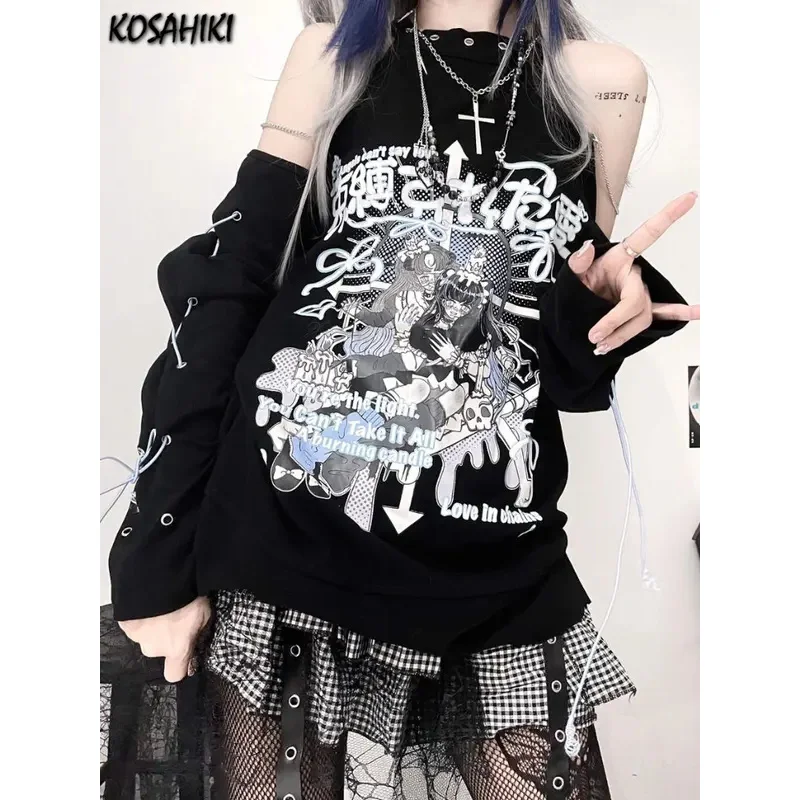 Y2k Aesthetic T-shirt Women Gothic Off Shoulder Long Sleeve Cartoon Print Graphic T Shirts Japanese Harajuku Grunge Tea