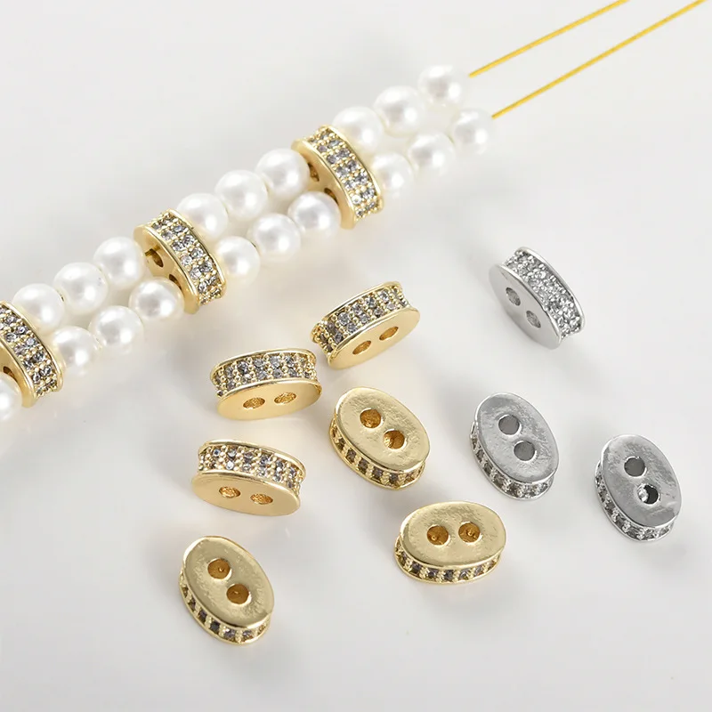 

Медные бусины-разделители с покрытием под 14-каратное золото, с цирконом, в форме свиного носа, с двумя отверстиями, овальные, для рукоделия, для браслетов и ожерелий из жемчуга