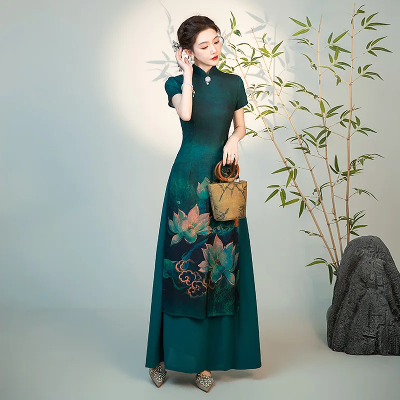 

Improve Aodai Qipao Oversize Size 5Xl Vestidos Women Mother Stage Performance Costume Vintage Chinese Style Dress Print Vestidos