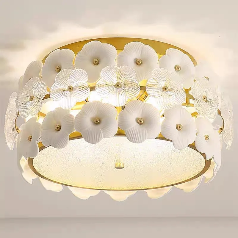 

French Cream Style Ceramic Flower Glass Ceiling Light Designer Warm and Romantic Round Flower Bedroom Parlor LED Ceiling Lamps