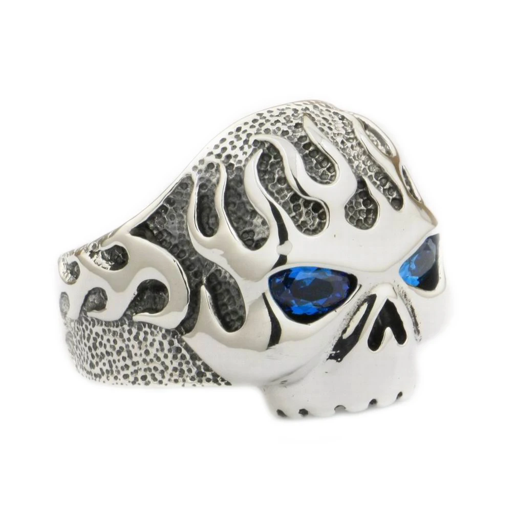 

Blue CZ Eyes 925 Sterling Silver Fire Skull Ring 8D106 US Size 7 ~ 15