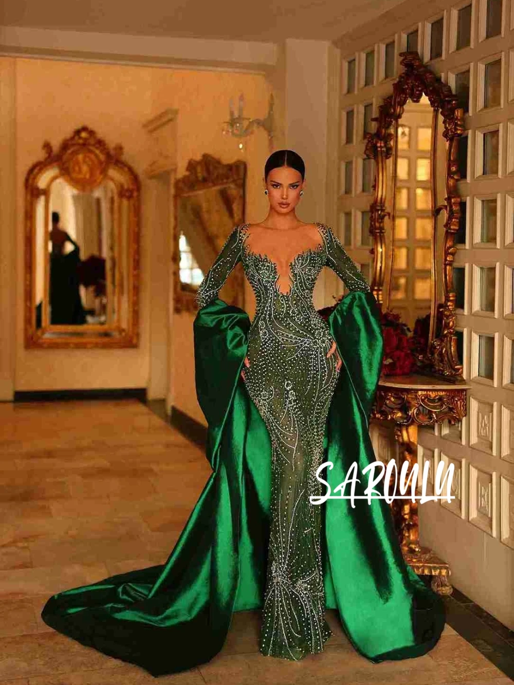 

Noble Beaded Bodycon Evening Dress Dainty Sexy Plunge Neckline Customized Prom Gown With Cape Classic Wedding Guest Party Wear