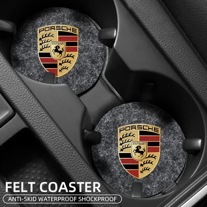 2Pcs Car Emblem Cup Trough Mat felt Coaster Accessories For Porsche Cayenne Panamera Macan 911 718 Taycan Boxster Cayman 918