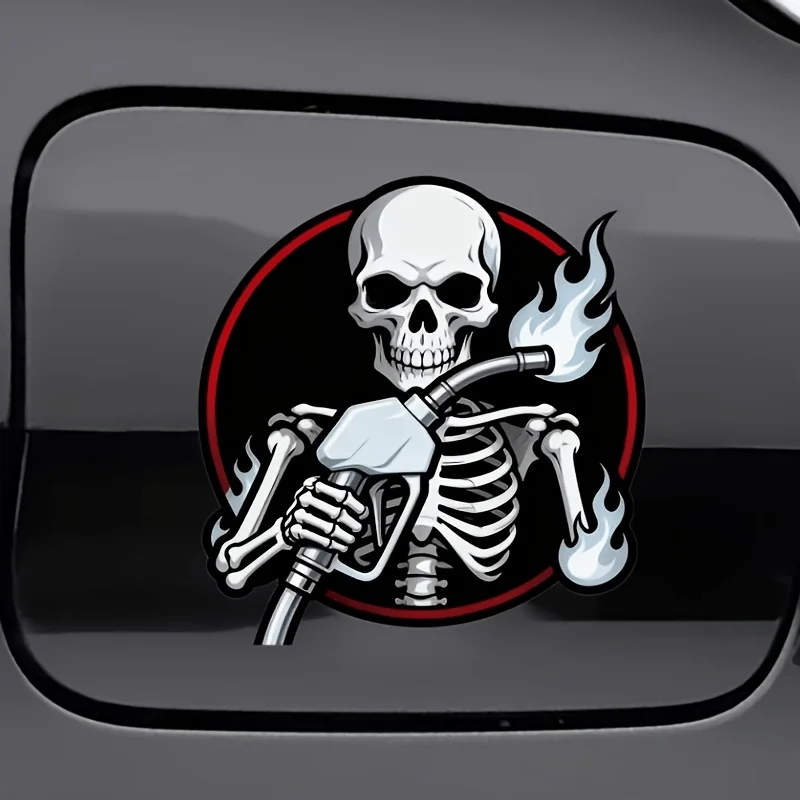 Skull Holding Burning Fuel Pump Sticker Creative Fuel Tank Cap Decal Waterproof Durable Universal for Car Truck Motorcycle Decor