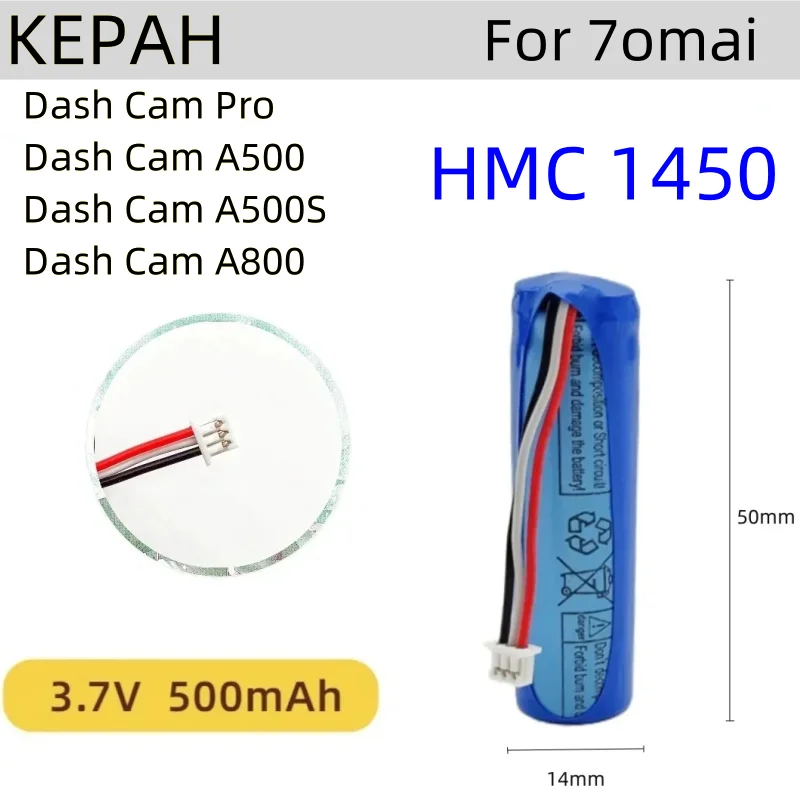 New 3.7V 500mAh Li-ion Battery For 70mai Smart Dash Cam Pro , Midrive D02 HMC1450 Replacement Batterie 3-wire Plug 14*50mm+tools