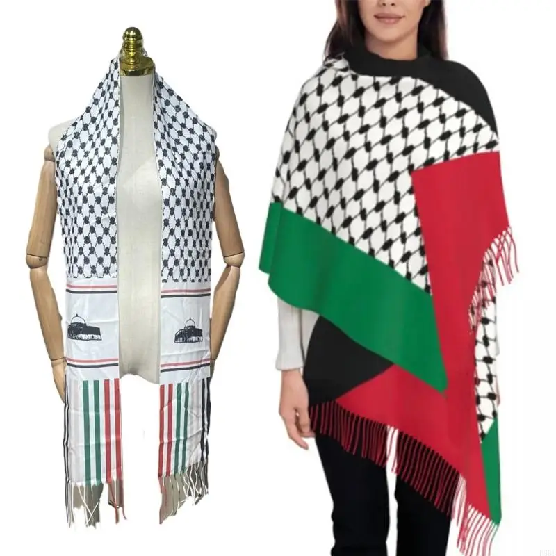 

P88B Palestine Man Scarf with Long Tassels Pray Turban for Men Winter Windproof Scarf