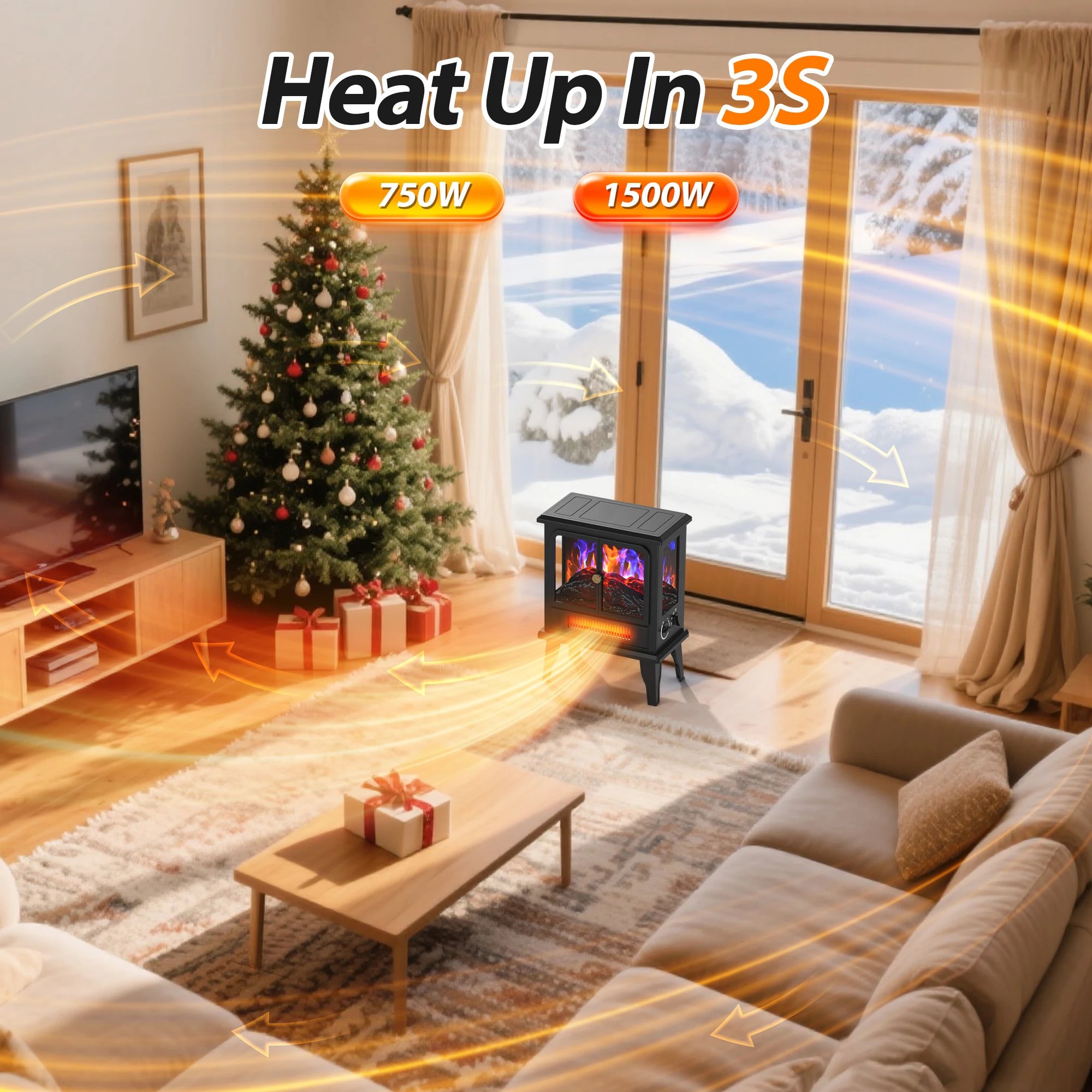 Freestanding Electric Fireplace Stove, Portable Electric Heater with Realistic 3D Flame Effect, 750W/1500W Thermostat Control for Indoor Home Heating
