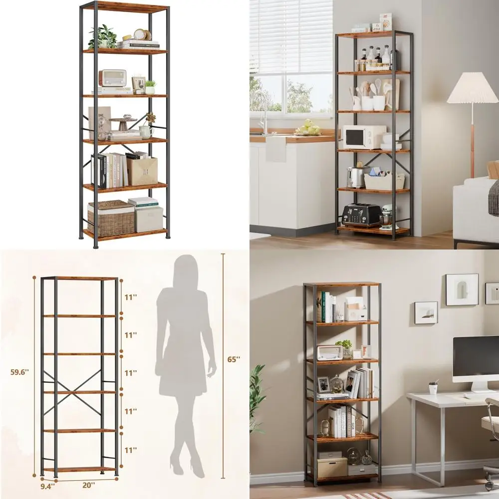 

6-Tier Tall Wide Bookshelf, Industrial Style Open Shelving, Storage Organizer for Living Room, Home Office, Bedroom, Rustic Brow