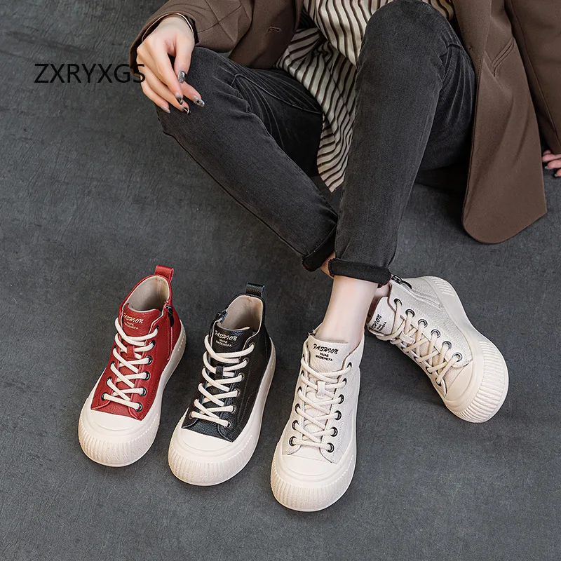 ZXRYXGS Toplaag Koeienhuid Sneakers Vrouwen Schoenen Hoge Top Trend Laarzen 2026 Nieuwe Lente Lace-up Platte Sneaker Casual Schoenen Zachte zool