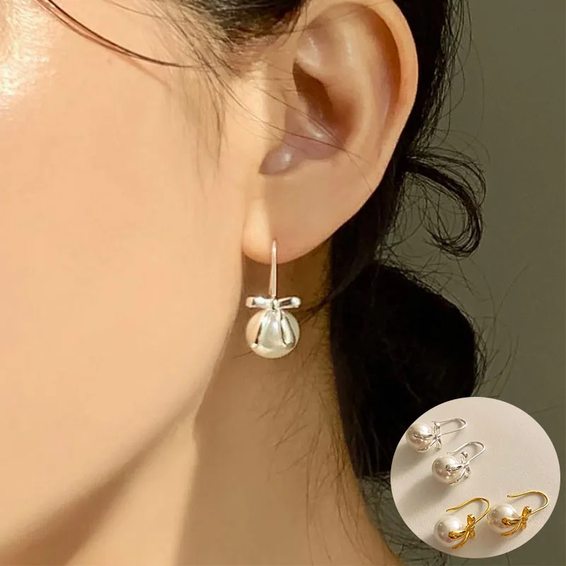 

100% 925 Sterling Silver Pearl Geometric Studs Earrings for Women Girl Simple Bowknot Design Jewelry Party Gift Dropshipping