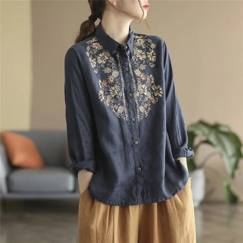 Vintage Embroidery Comfortable Loose Cotton Linen Button Up Shirt Women Casual Street Long Sleeve Blouse Top Female Clothing2023