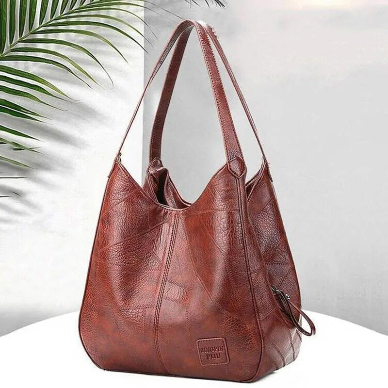 Large Capacity Vintage Leather Tote Spacious Triple Compartments Premium Vegan Leather Soft Hobo Bag Water-resistant Surface