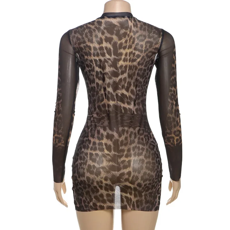 DSMTRC Vrouwen Sexy Coquette Luipaard Print See Through Jurk Mini Bodycon Midnight Party Clubwear Volledige Mouw O-hals Stretch Gewaden