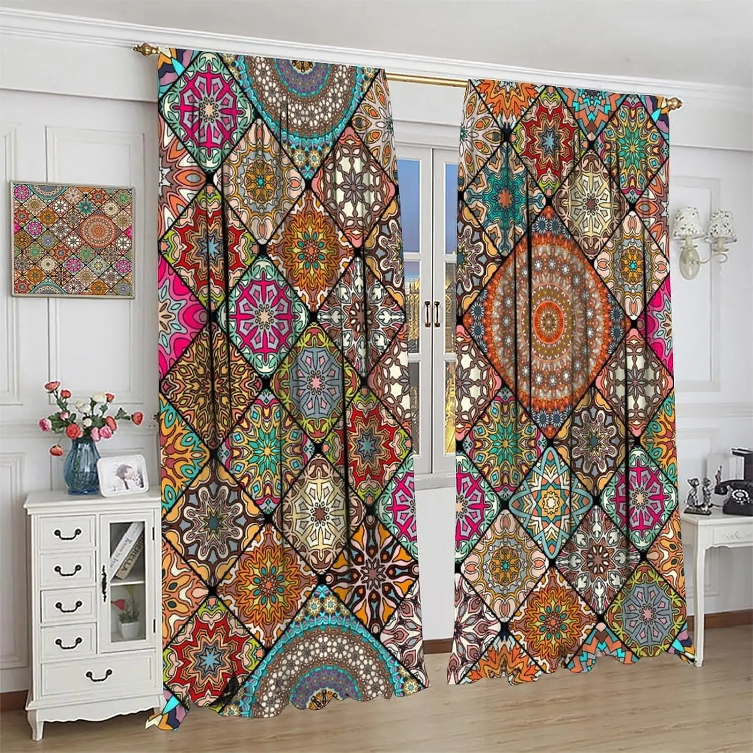 Vintage Moroccan Tile Curtains,Rustic Traditional Boho Mandala Floral Mosaic Style Decor Rod Pocket Window Treatments