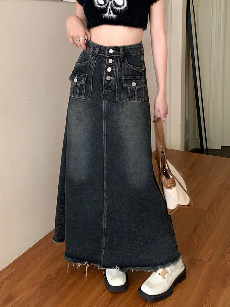 Chic Pocket Multi Button Fringed Denim Long Skirt Women's Clothing A-line Loose Skirts Vintage Style Slim Fit Versatile New Y2k