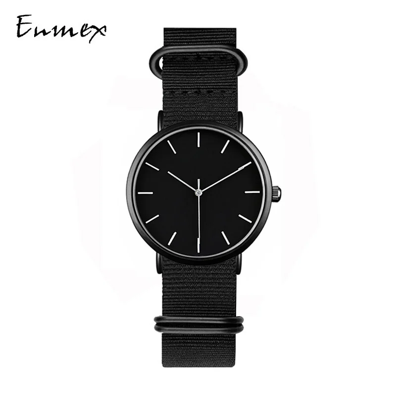 

2023 Enmex creative men style canvas wristwatch simple face design Ultra thin watch case lively casual NAVY BLUE quartz watch