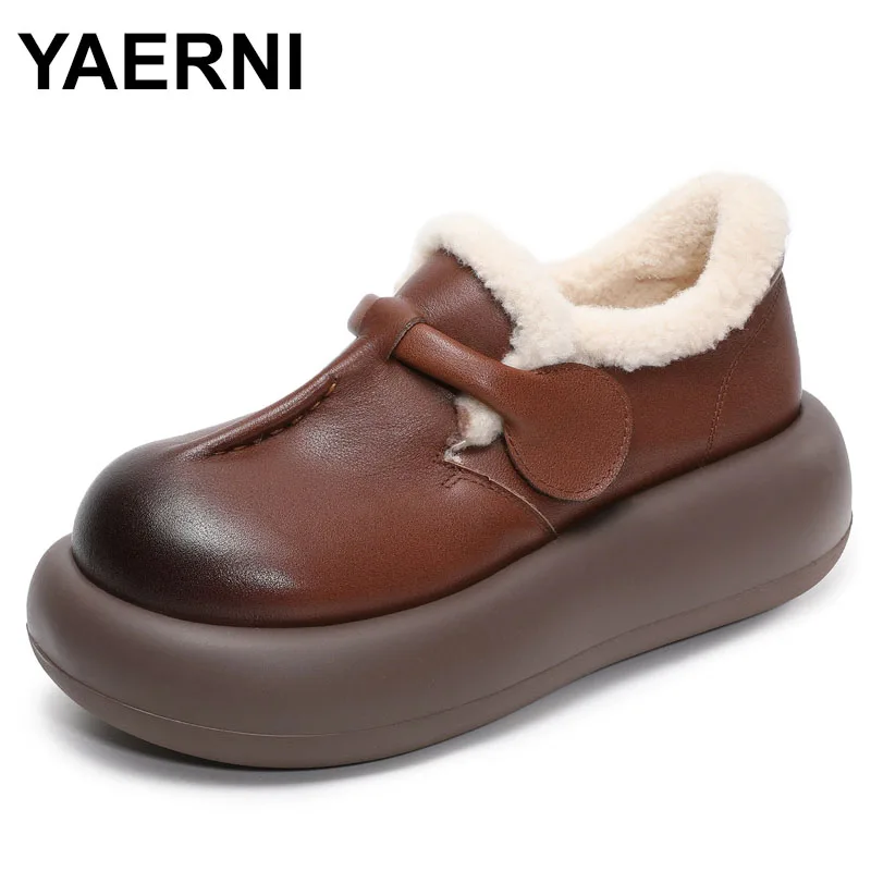 

Retro Cotton-Enhanced Top-Layer Cowhide Women's Shoes Winter Autumn round Toe Wool Insole Platform Thickened Heel Easy Wear