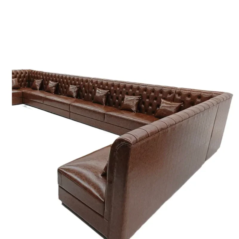 Sofá de couro de luxo leve americano, sala de estar, couro de primeira camada, sofá europeu de madeira maciça