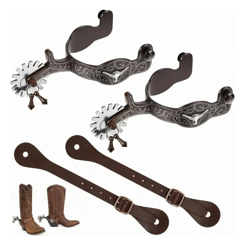 

2 Pack Western Cowboy Spurs Paired with 2 Pcs 6 Holes Belt for Boot English Horse Spur Strap with Rotatable Gear Horse equipment