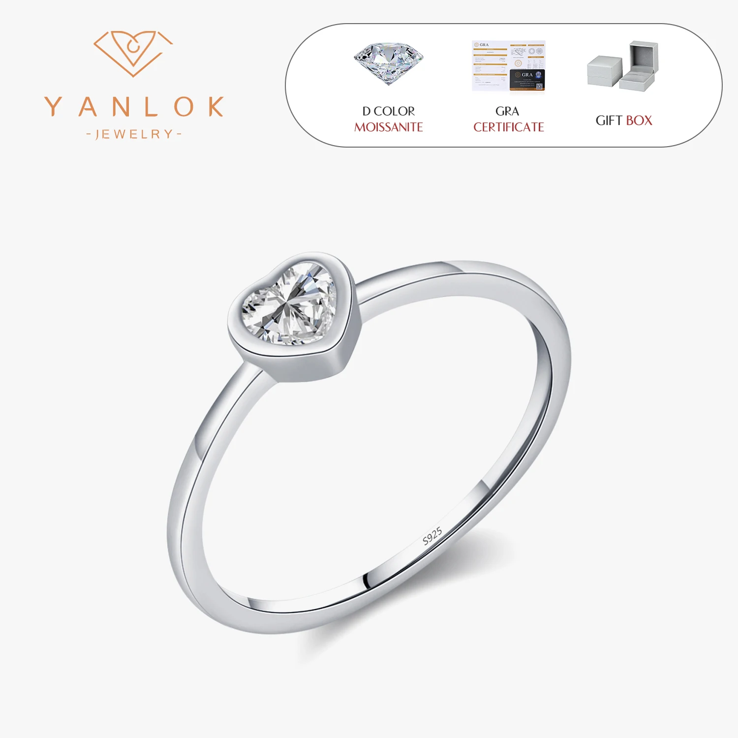 

YANLOK Shiny D Color Moissanite Heart Ring For Women 925 Sterling Silver Romantic Anniversary Ring Fine Jewelry Gift Box