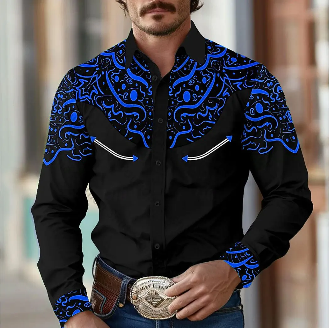 Men\'s shirt western cowboy style fashion loose lapel long sleeve shirt large size XS-6XL fast delivery